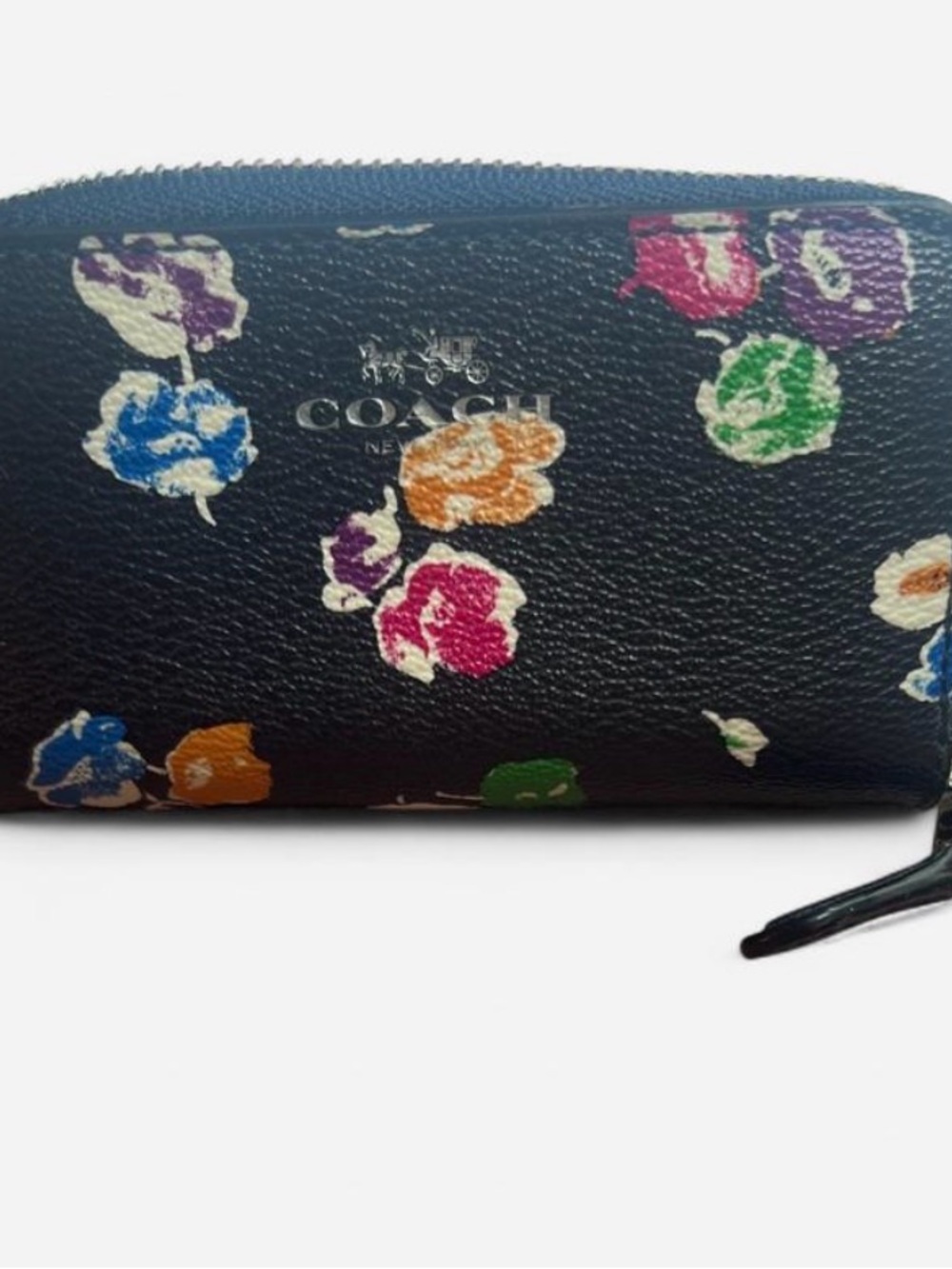 Coach Black Floral Zip Card Case with Multicolor Blooms